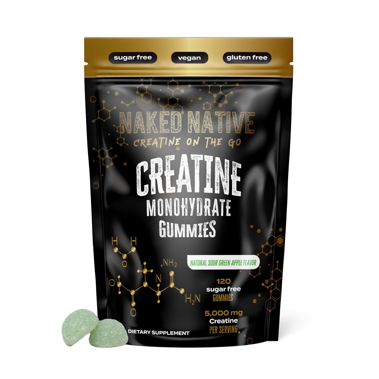 NAKED NATIVE Creatine Monohydrate Gummies 5000 MG, Chewable Gummies for Men & Women, Increase Strength & Build Muscle, Energy Boost, Gluten-Free, Sugar-Free, Vegan - 120 Count Green Apple Flavor