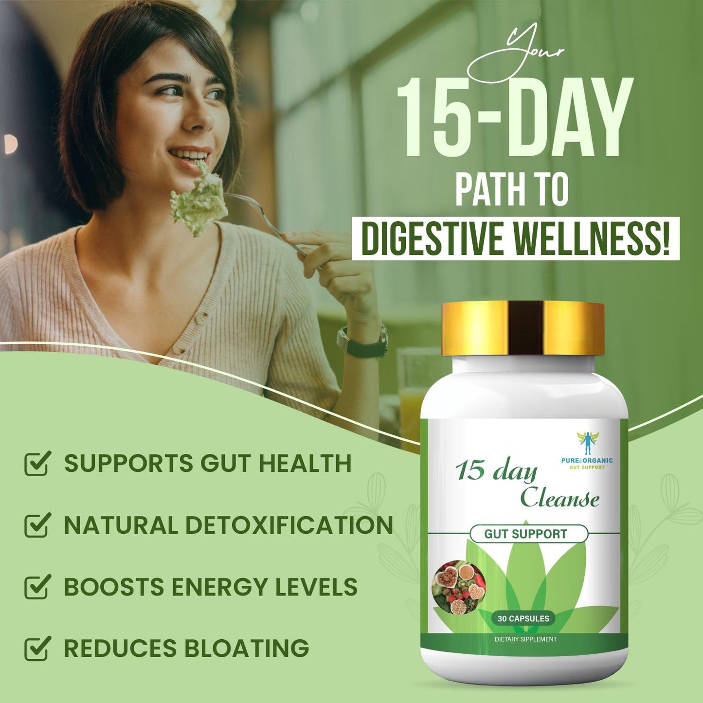 Pure&Organic 15 Days Cleanse for Gut System - Softgel Capsules with Ginkgo Biloba & Ginger (30 Capsules) - Natural Detox, Digestive Health