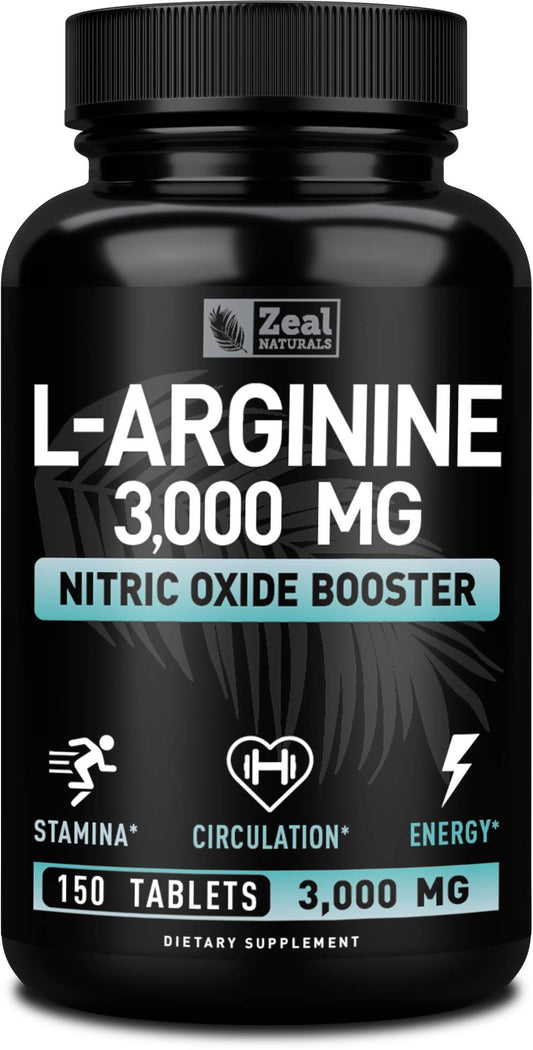 Zeal Naturals L Arginine 3000mg Capsules (150 Tablets | 1000mg) Maximum Dose L-Arginine Nitric Oxide Supplement for Supporting Muscle Growth, Vascular Function and Energy - Nitric Oxide Booster