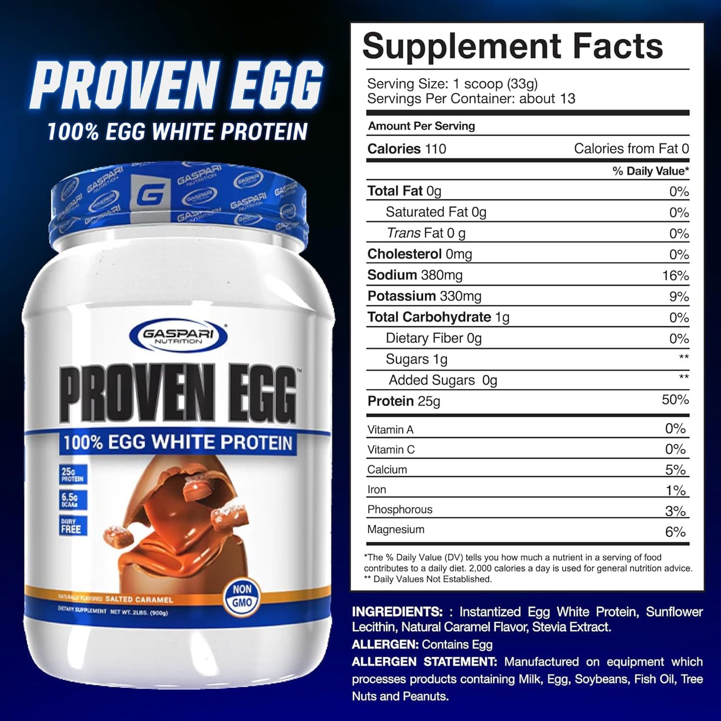 Gaspari Nutrition Proven Egg, 100% Egg White Protein, 25g Protein, Keto Friendly, Dairy and Lactose Free, Soy Free (1lb, Salted Caramel)