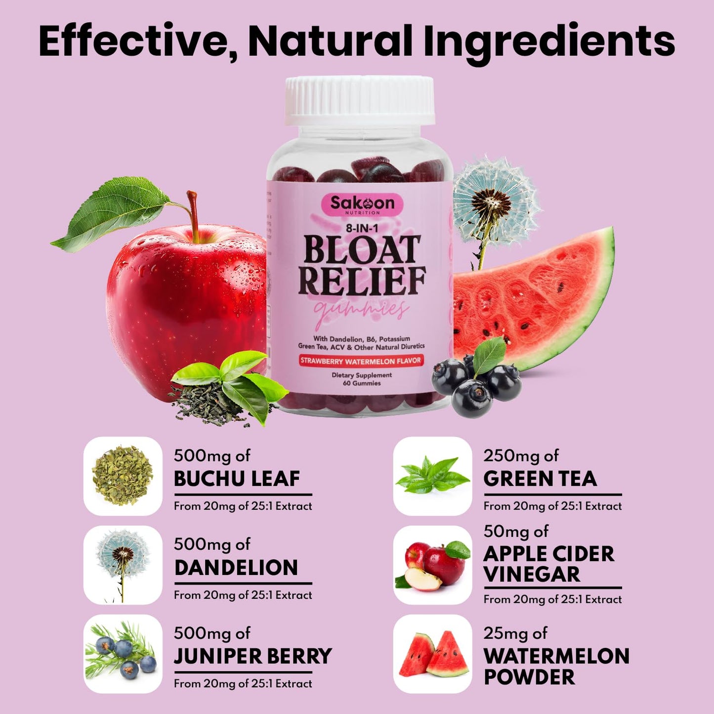 Sakoon nutrition Bloating Relief Gummies for Women - Green Tea, ACV, Dandelion, Buchu Leaf, Natural Digestion Support, 60 Gummies, Watermelon Flavor