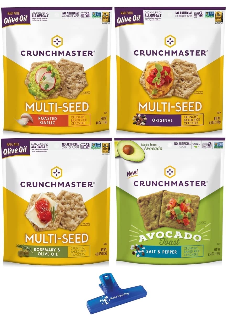 Crunchmaster Multiseed Crackers Roasted Garlic Original Rosemary  Olive Oil and Avacado Toast Salt  Pepper 4 Ounce Pack of 4  with Make Your Day Bag Clip