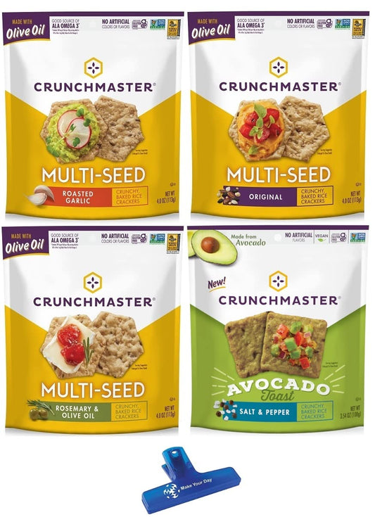 Crunchmaster Multiseed Crackers Roasted Garlic Original Rosemary  Olive Oil and Avacado Toast Salt  Pepper 4 Ounce Pack of 4  with Make Your Day Bag Clip