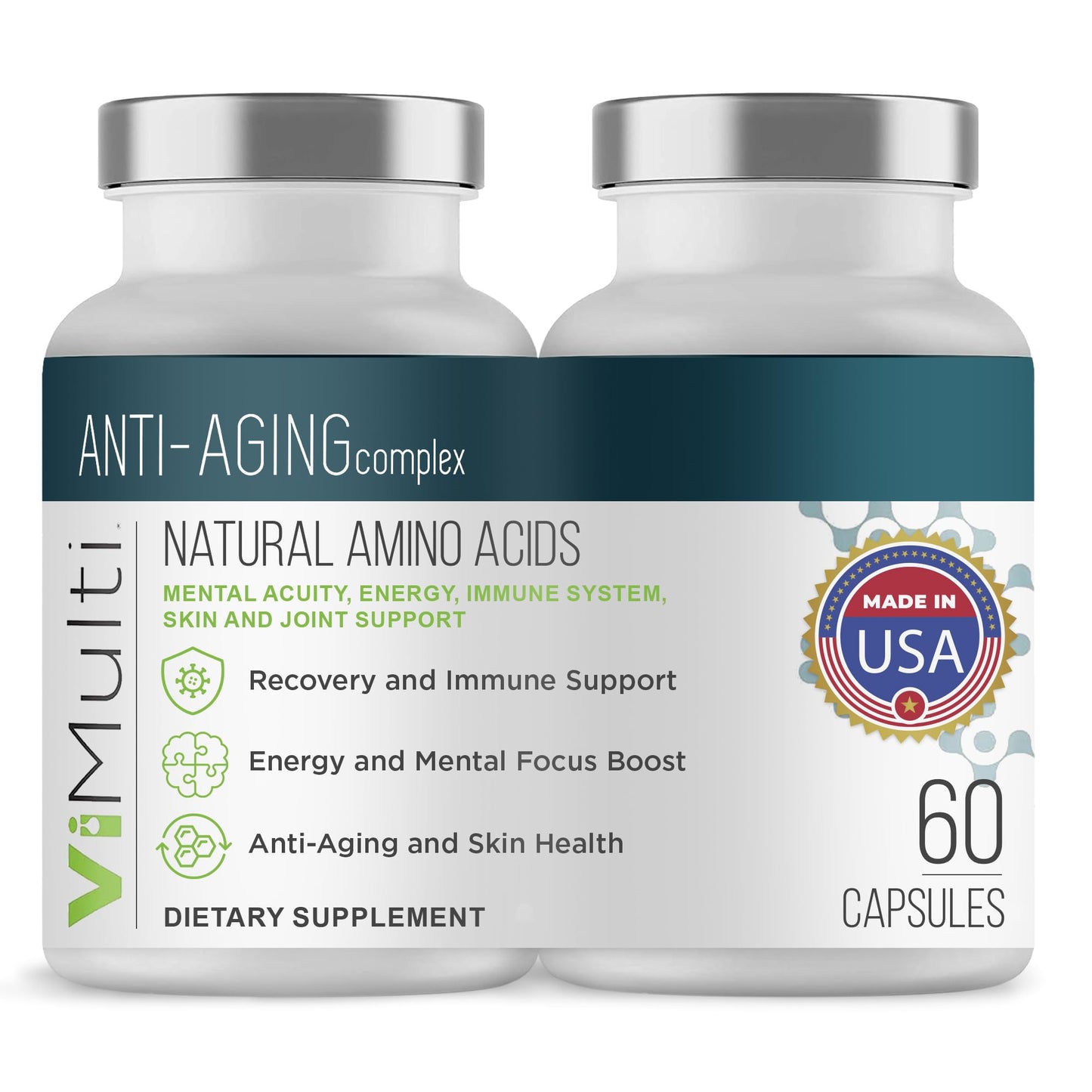 vimulti Anti-Aging Natural Amino Acid Supplement for Longevity- Supports Immune Health, Energy, Mental Focus, Smoother Skin Tone & Restorative Sleep. 60 ct (2 Pack)