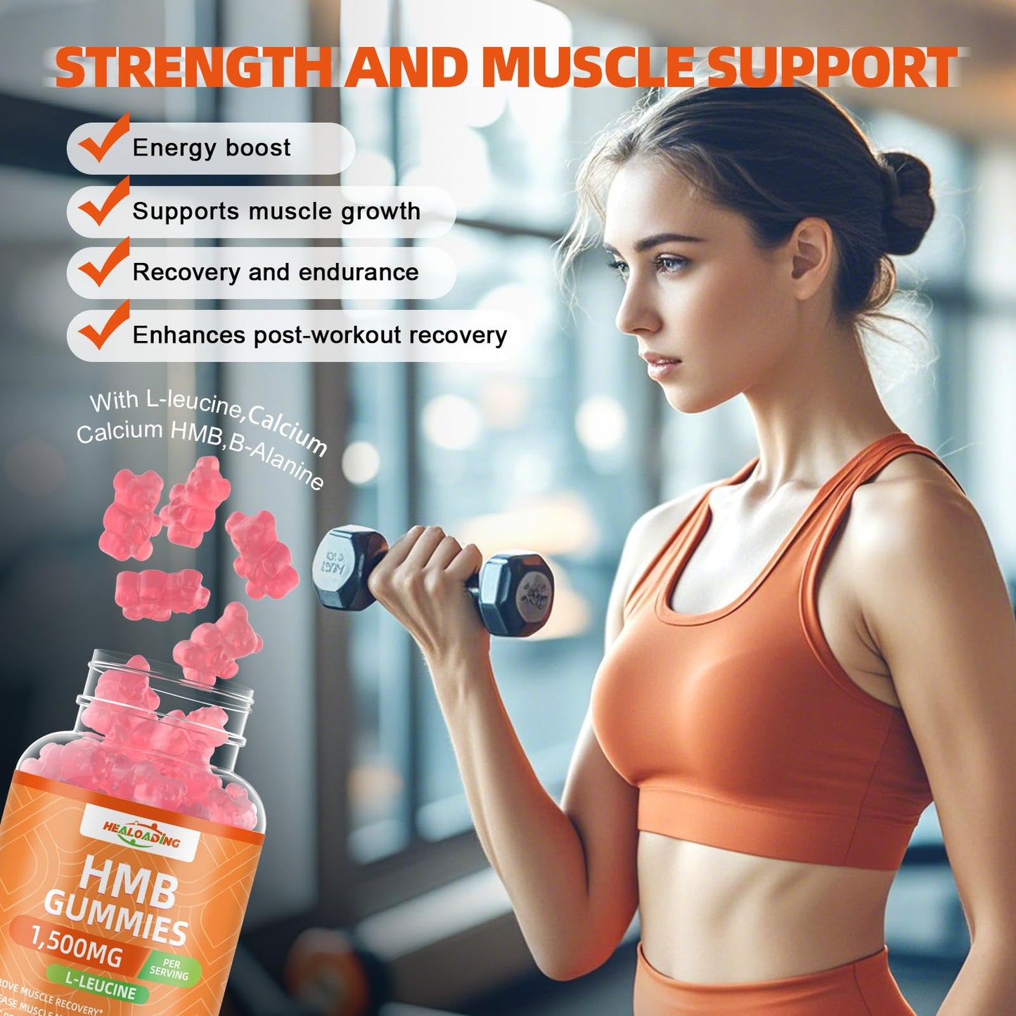 HEALOADING HMB and Leucine Gummies Supplement: HMB Supplements for Men 1500mg and Leucine Amino Acid for Muscle Recovery Increase Muscle Mass Improve Endurance Non-GMO Sugar Free Peach 60 Gummies