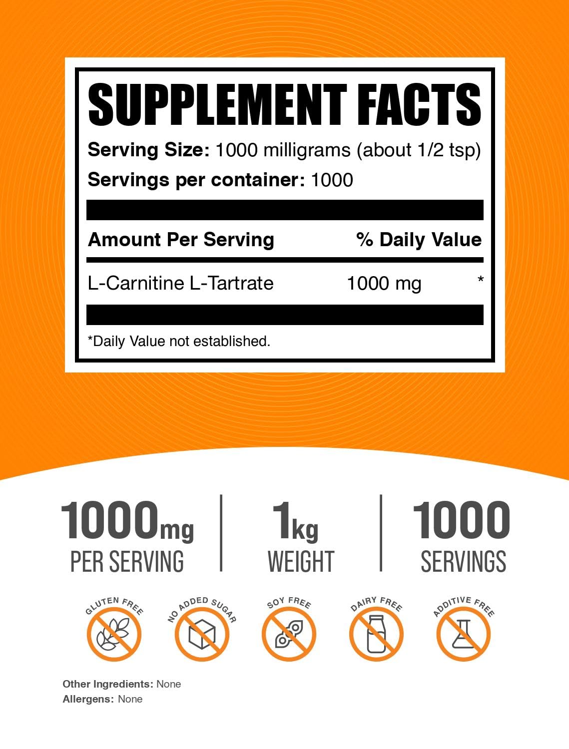 BulkSupplements.com L-Carnitine Tartrate Powder - Amino Acid Powder, Carnitine Supplement - Unflavored & Gluten Free, 1g per Serving, 1kg (2.2 lbs) (Pack of 1)