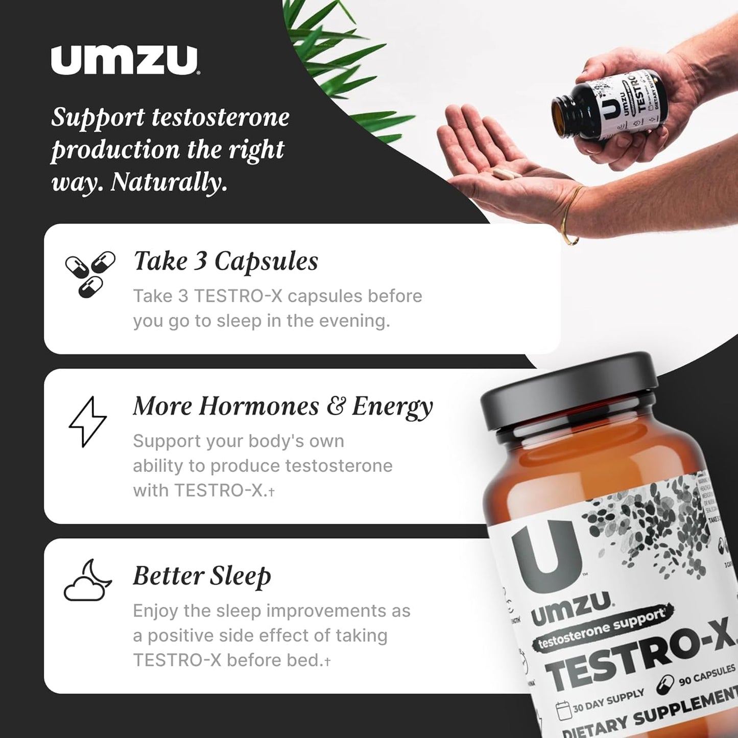 UMZU Testro-X Testosterone Supplement for Men | Support Energy, Strength, Stamina & Healthy T Levels (30 Day Supply | 90 Capsules)