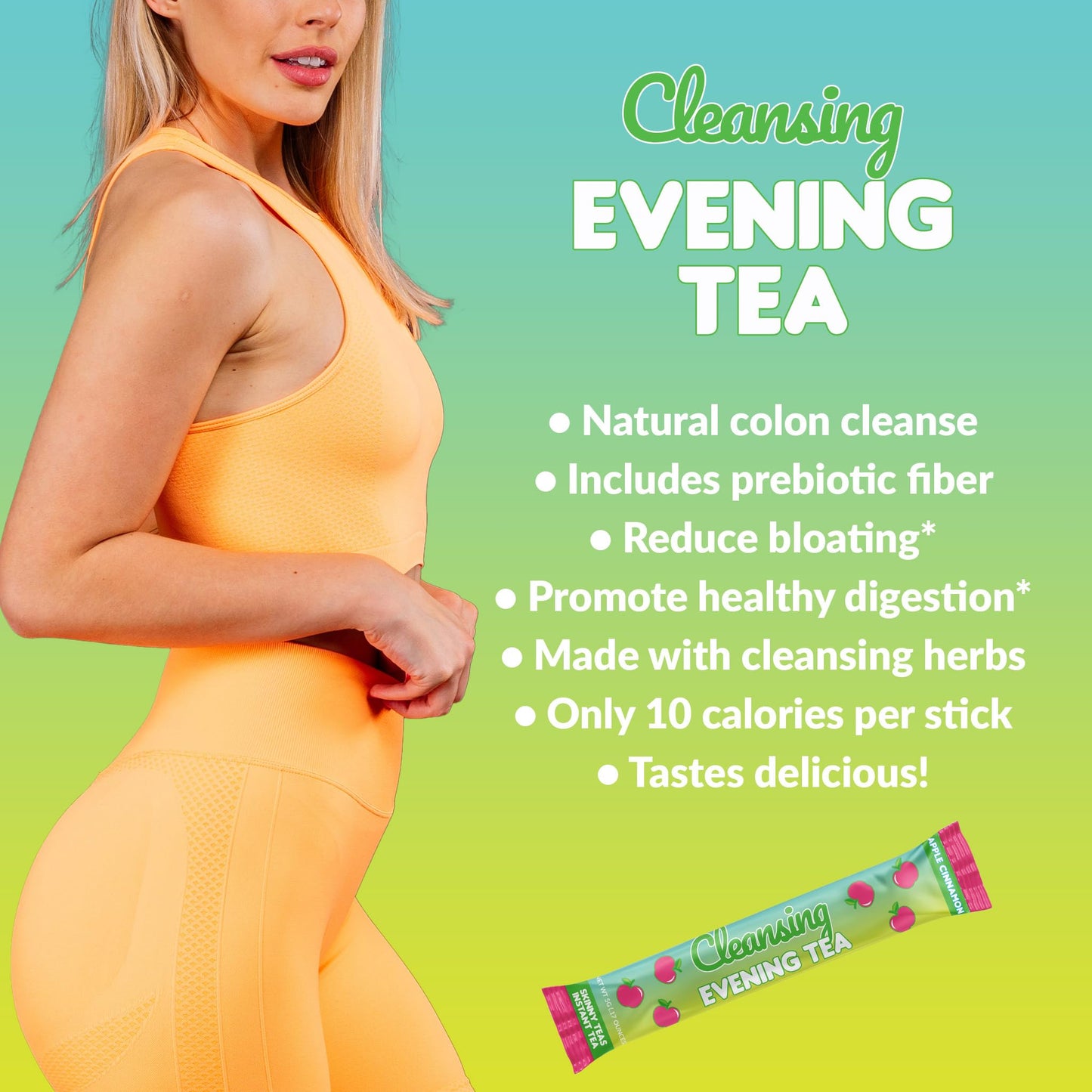 Skinny Teas Instant Tea Sticks - Cleansing Evening Tea - 14 Ct - Herbal Detox Blend with Colon and Body Cleansing Herbs - All Natural Gentle Cleanse, Reduce Bloat (Apple Cinnamon)