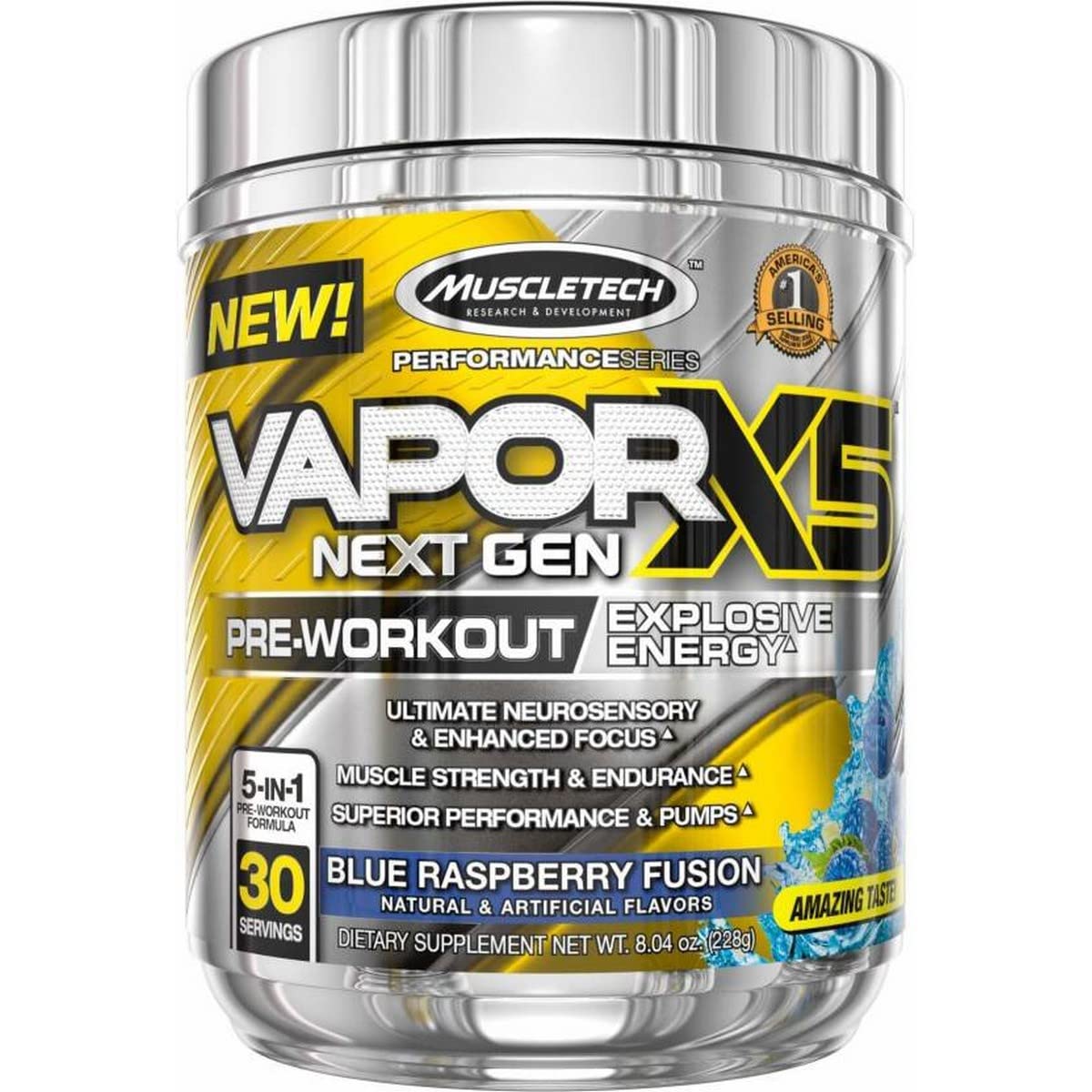 MuscleTech Pre-Workout Powder, Vapor X5 - Sports Nutrition Muscle Building Supplements for Women & Men - Intense Muscle Pump Energy Powder Drink Mix - Blue Razz Freeze, 266g (30 Servings)