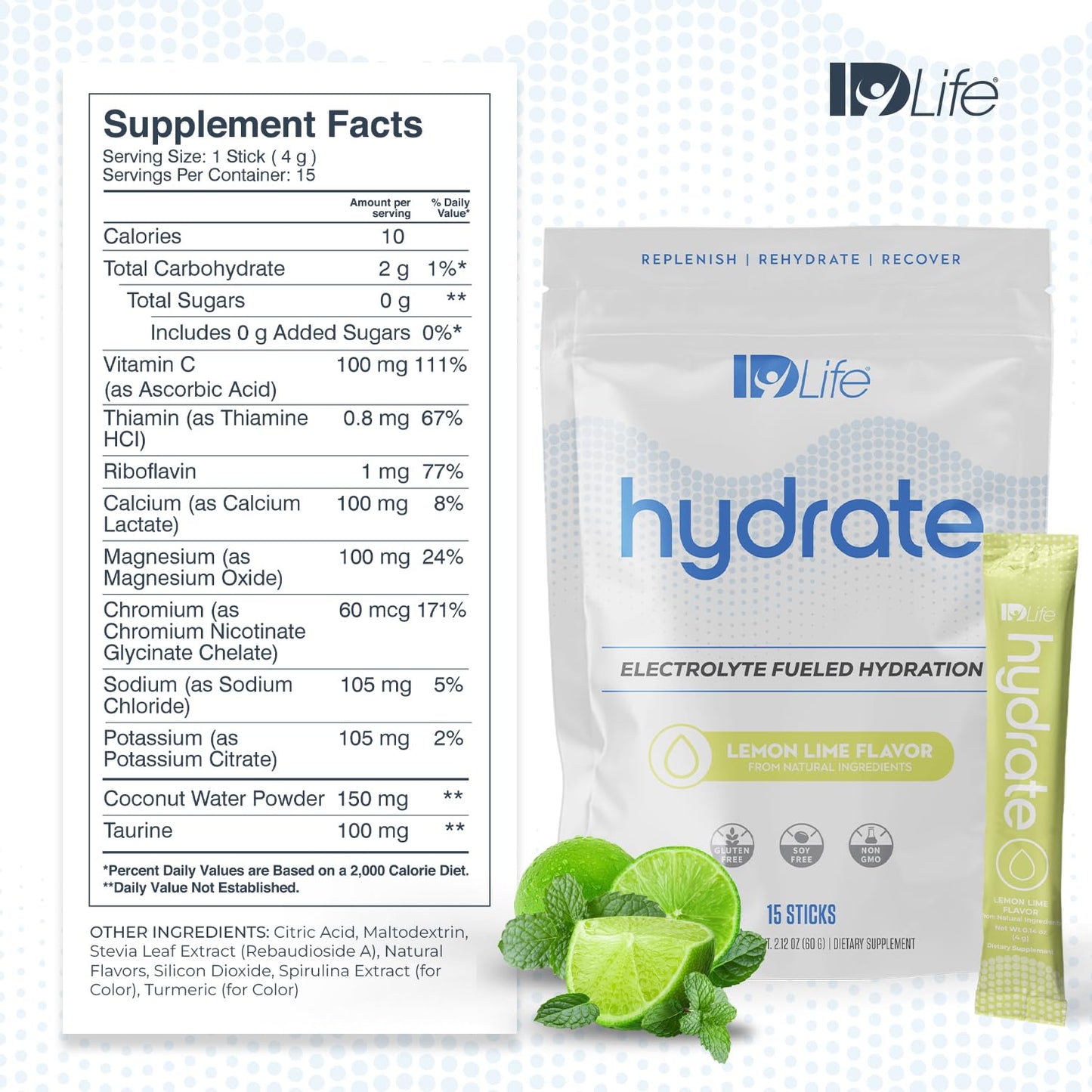 IDLife Lemon Lime Hydrate Drink Powder - Instant Electrolyte Fueled Hydration with Vitamins, MCTs & Minerals for Vital Nutrients - 15 Sticks per Bag