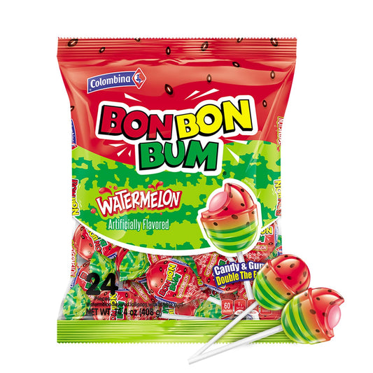 Colombina Bon Bon Bum Lollipops wBubble Gum Center Watermelon Flavor Individually Wrapped Ideal for Party Favors and Gifts 1 Pack 24 Count