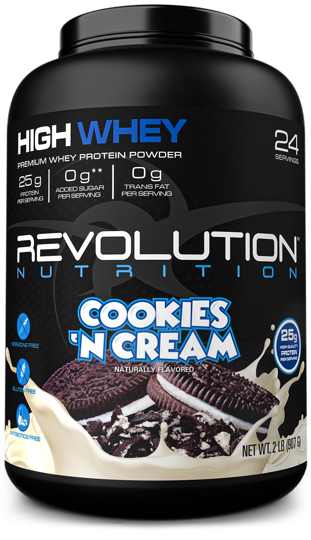 Revolution Nutrition, High Whey, Protein Powder, Whey Isolate, Gluten Free, Lean Muscle Mass for Men & Women, 25g of Protein Per Scoop, 908 g, 24 Servings (Cookies & Cream, 2 Pound)
