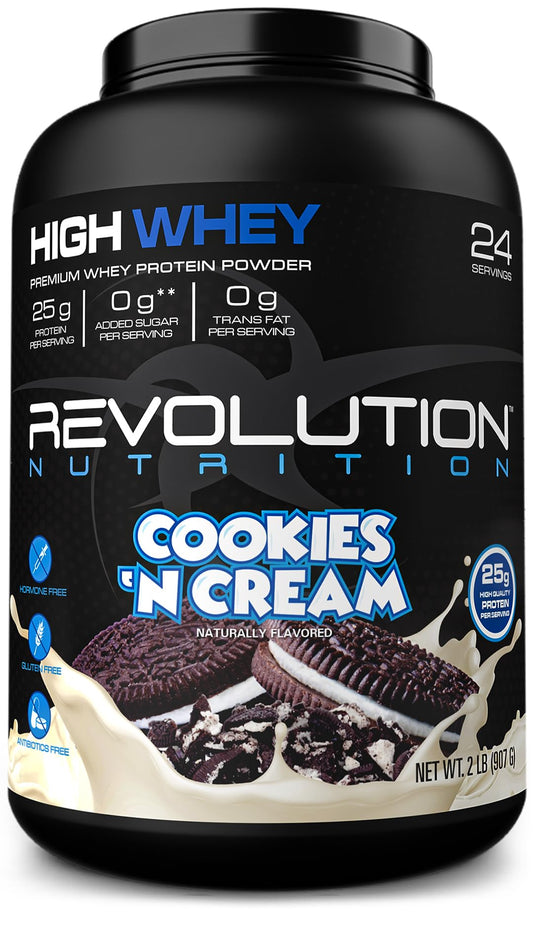 Revolution Nutrition, High Whey, Protein Powder, Whey Isolate, Gluten Free, Lean Muscle Mass for Men & Women, 25g of Protein Per Scoop, 908 g, 24 Servings (Cookies & Cream, 2 Pound)