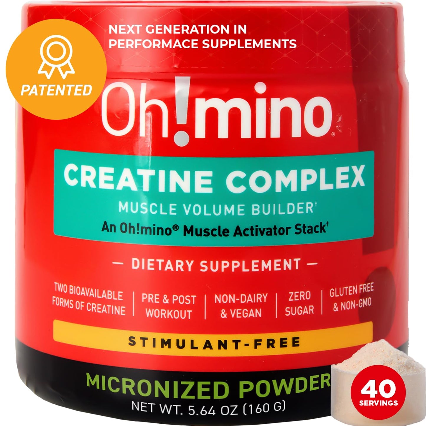 Oh!mino Creatine Powder for Muscle Growth - Pre & Post Workout Muscle Recovery Supplement, Micronized Creatine Monohydrate & Hydrochloride Blend - Vegan, Zero Sugar - 160g, 40 Servings (Lemon Lime)