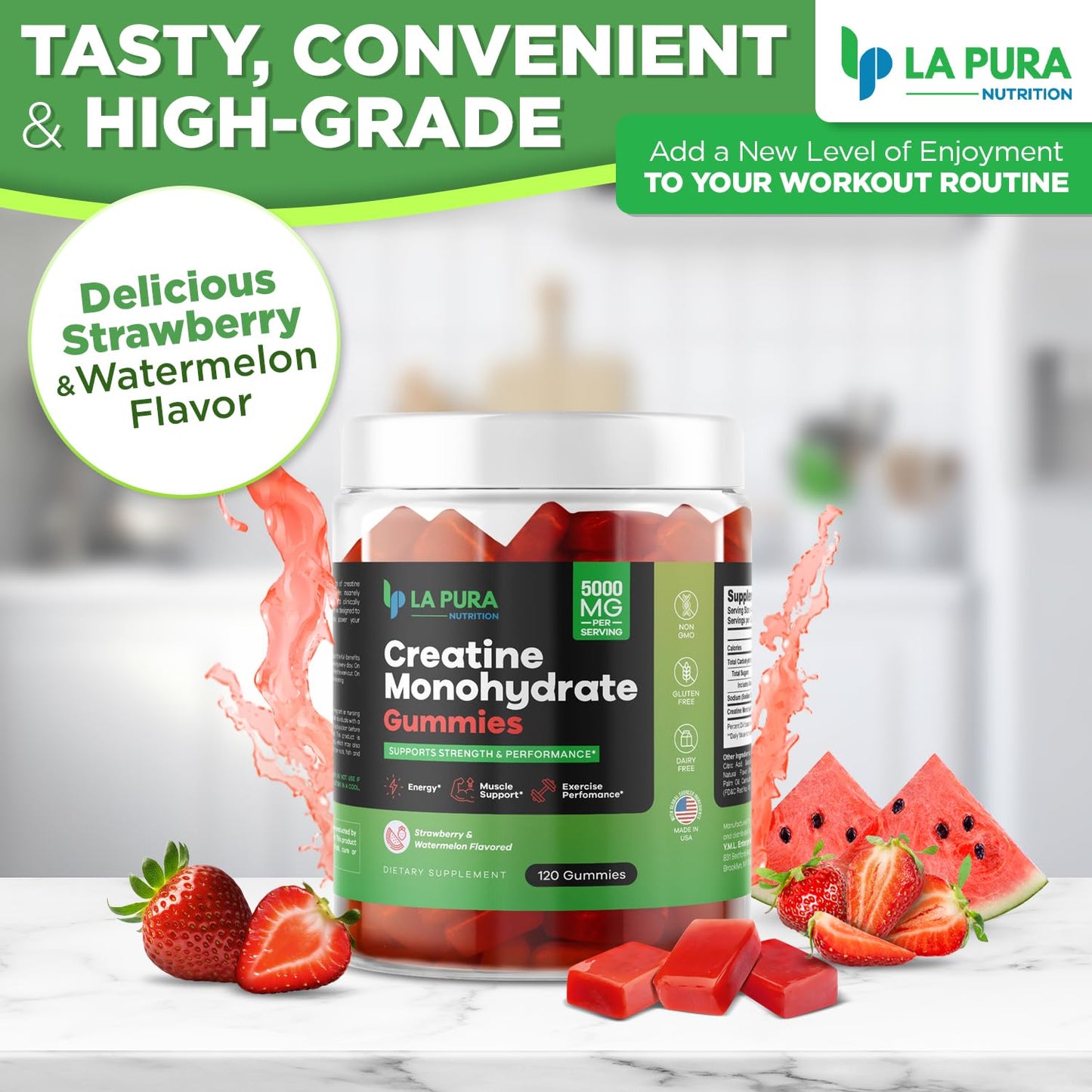 LaPura Creatine Monohydrate Gummies for Men & Women, 5000mg Pure Creatine Monohydrate per Serving - Energy, Muscle & Exercise Performance Support - 120 Gummies - Strawberry & Watermelon Flavor