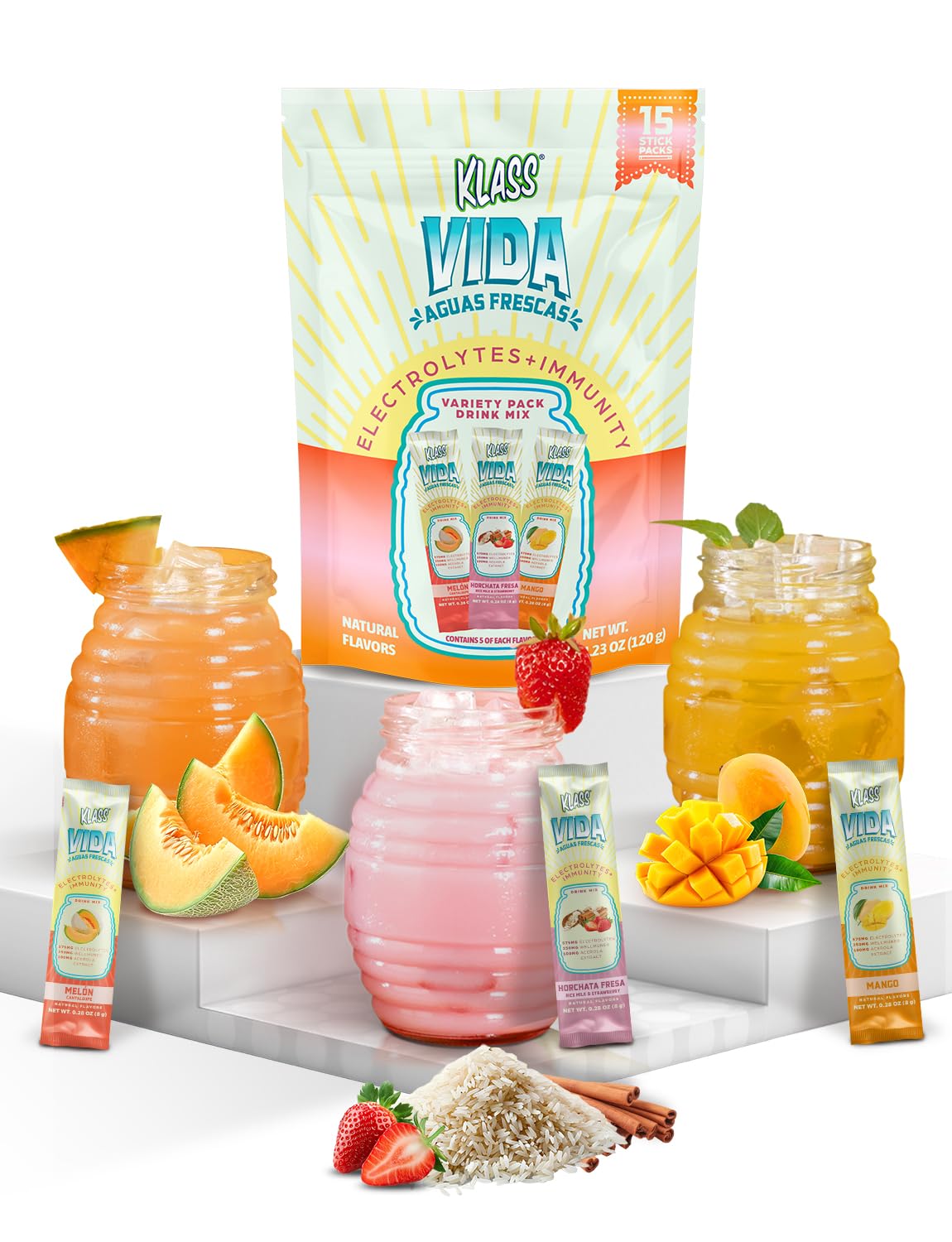 KLASS VIDA Hydration + Immunity Sugar-Free Powder Packets Mango, Horchata Fresa & Cantaloupe Electrolyte Agua Fresca Drink Mix Wellmune & Acerola Extract 15 Single Serve Sticks Low Calorie
