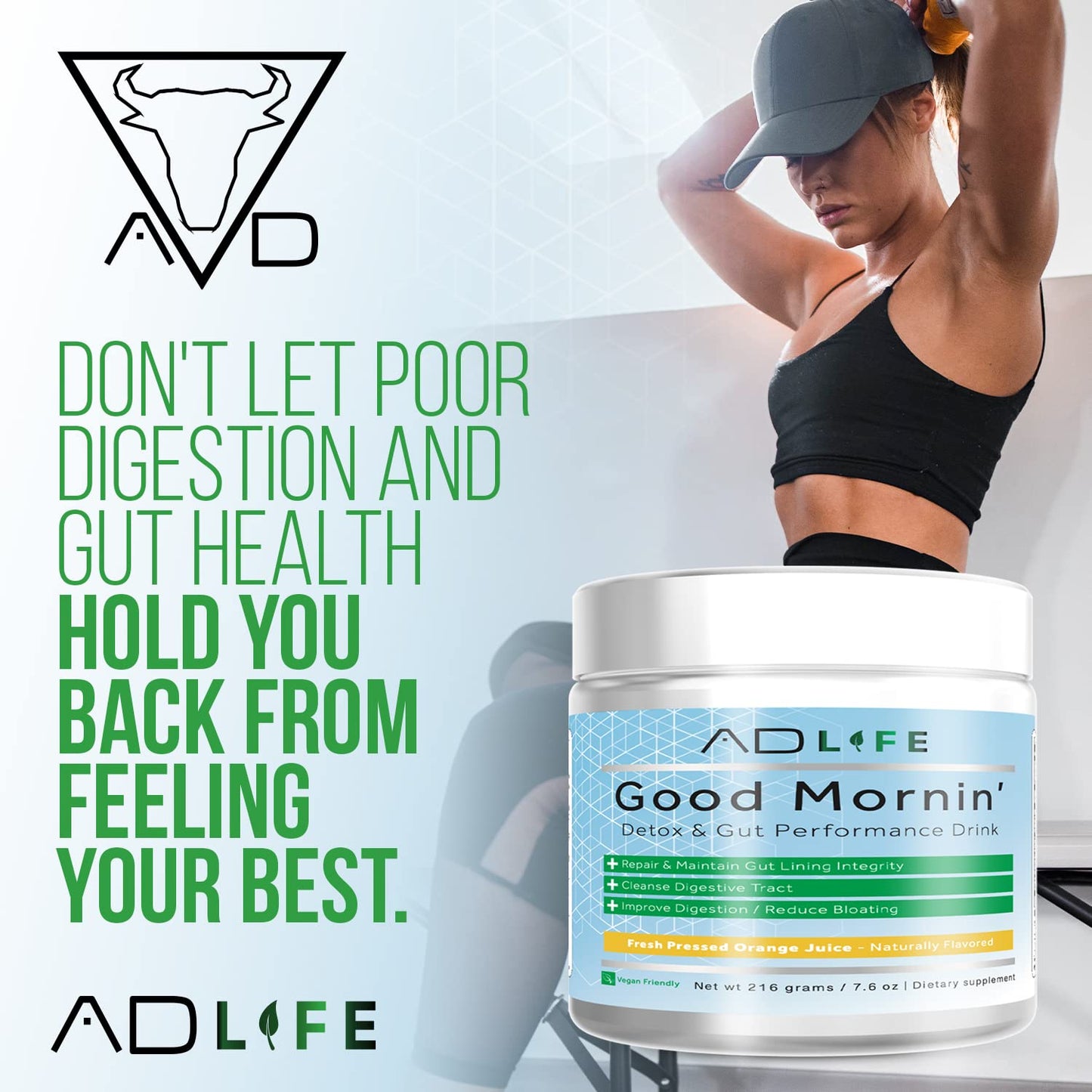 Project AD Life Good Morning Detox and Performance Drink, Naturally Flavored and Formulated with L-GLutamine, Apple Cider Vinegar, and Aloe Vera (24 Servings, Fresh Pressed Orange Juice)