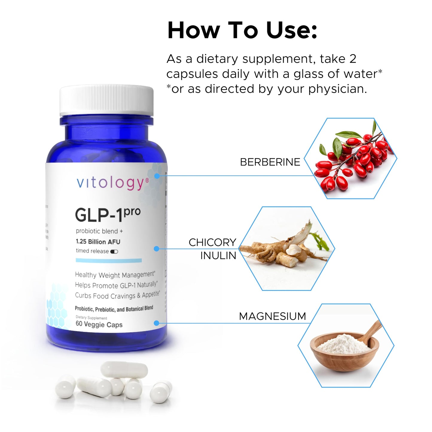 Vitology GLP-1 Probiotic Blend+ | 1.25 Billion AFU | 3 Probiotics + 8 Botanicals | Proprietary Nutraceutical Blend