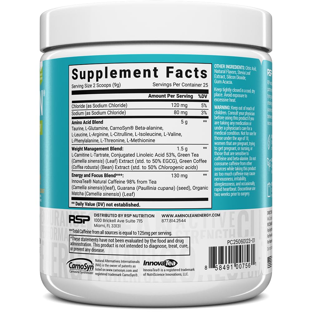 RSP NUTRITION AminoLean Natural Pre Workout Powder, Sucralose Free Amino Energy with No Artificial Dyes, Vegan BCAAs and Weight Management, Pineapple Coconut, 25 Serv