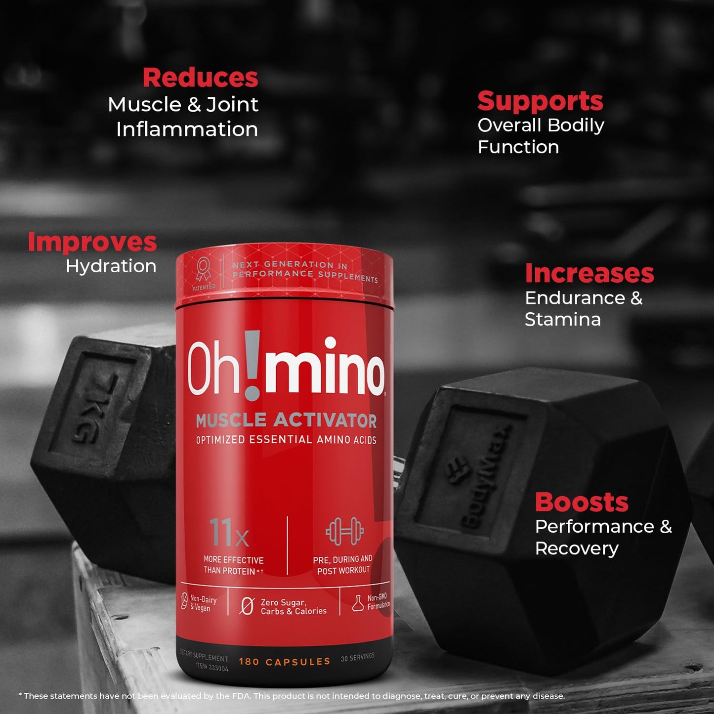 Oh!mino Amino Acids Supplement for Protein Synthesis - EAAs Capsules for Muscle Recovery, Pre & Post Workout - Caffeinated, Non Dairy, Vegan, Zero Sugar & Net Carbs (180-Count, 30 Servings)