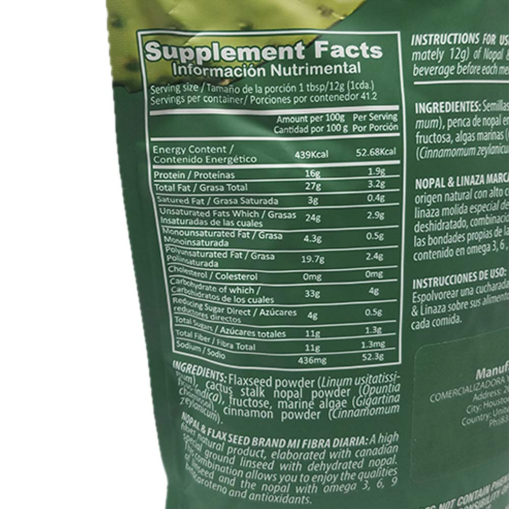 Mi Fibra Diaria Nopal & Linaza. Nopal Cactus and Flax Seed Fiber Dietary Supplement. 17.6 oz.