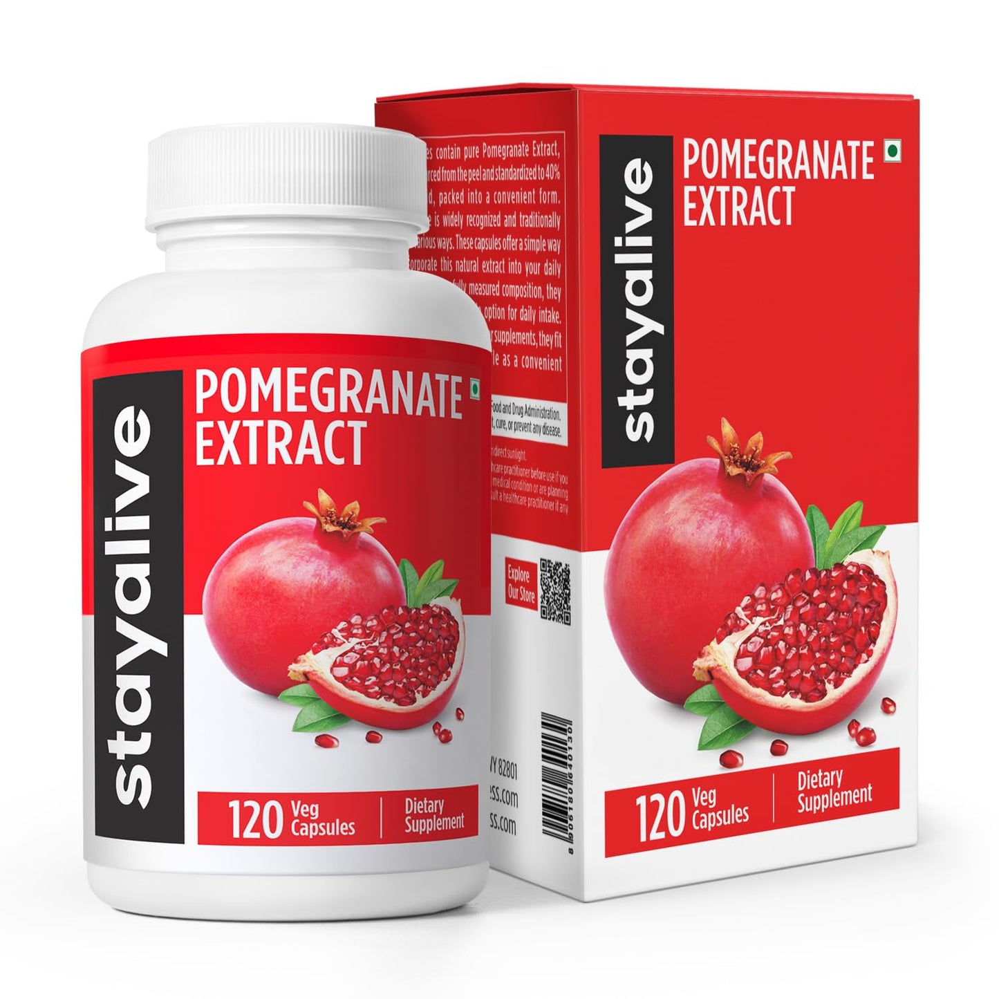 STAY ALIVE Pomegranate Extract Capsules, 20:1 Super Extract with 40% Ellagic Acid, 120 Count, Extra Strength Powder, All Natural Non-GMO and Gluten-Free Pomegranate Supplement for Women and Men