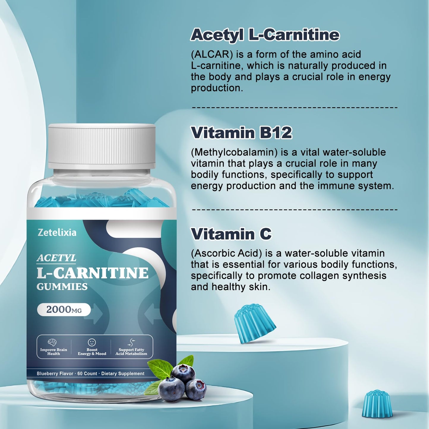Zetelixia Acetyl L-Carnitine Gummies, L-Carnitine Supplement for Women & Men, with Vitamin C & B12, ALCAR for Energy, Brain & Heart Health Support, Vegan, Non-GMO, Sugar Free, 60 Count