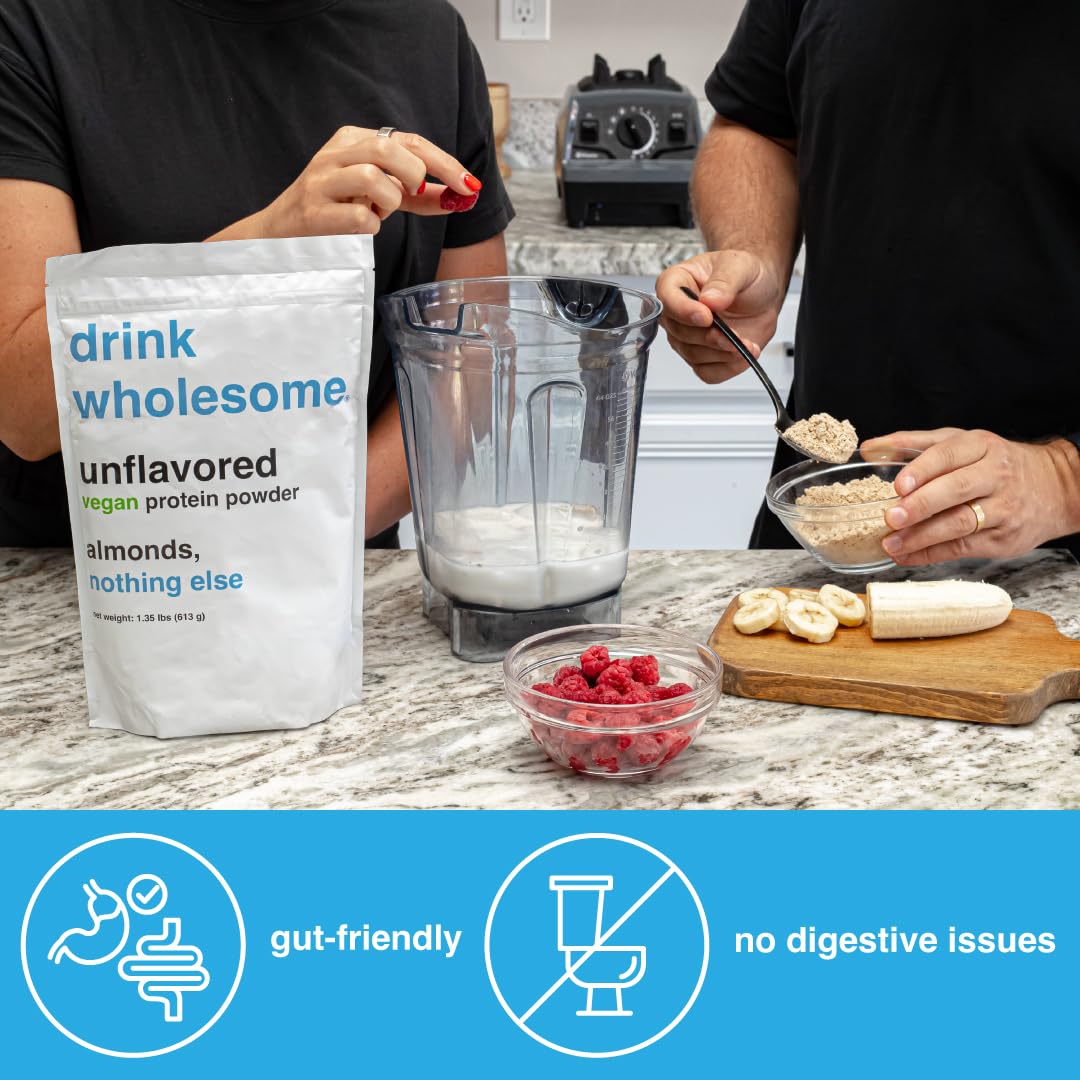 drink wholesome Vegan Unflavored Almond Protein Powder | for Sensitive Stomachs | Gut Friendly | No Artificial Sweeteners | No Sucralose | No Stevia | Low Sodium | Safe for Kids & Seniors