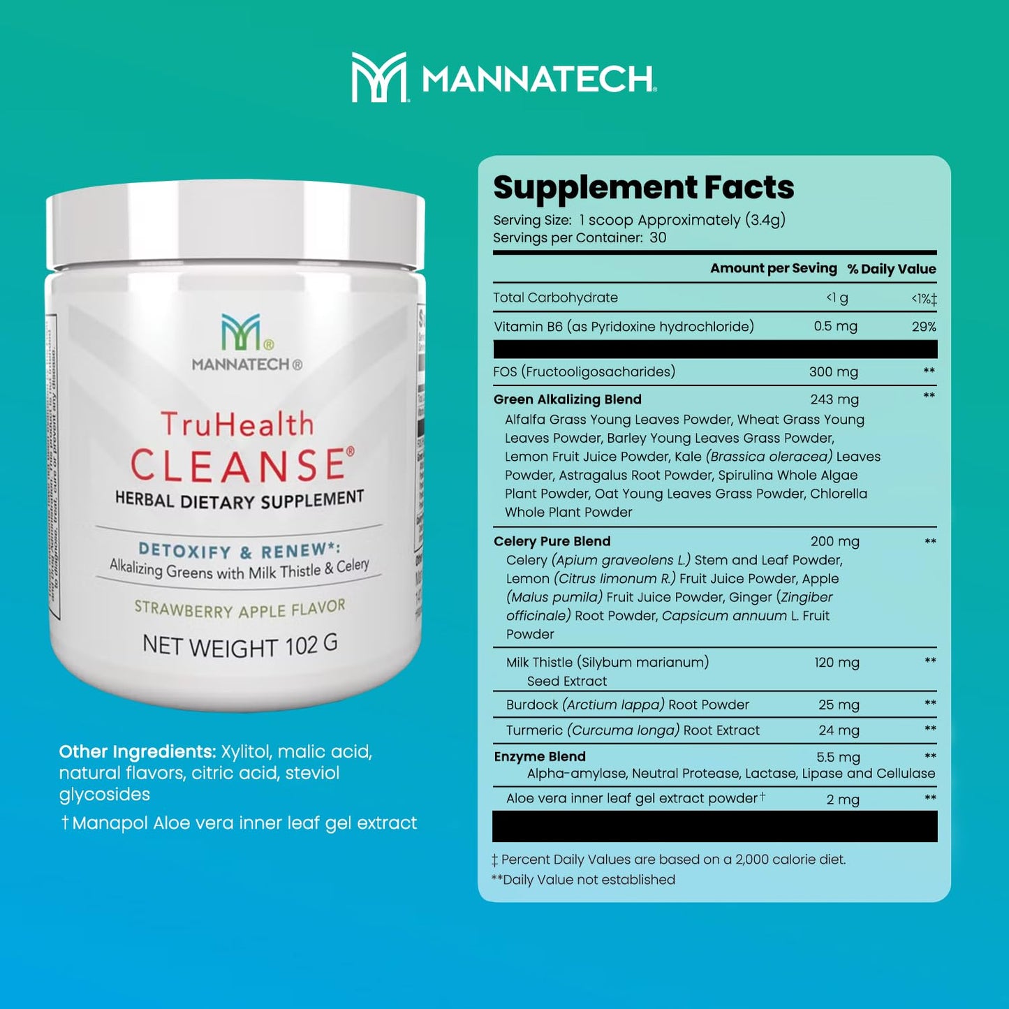 Prebiotic Fiber & Digestive Enzymes Powder Drink Mix - with Alkalizing Greens & Vitamin B6 - Supports Digestion, Cellular Health - Strawberry Apple Flavor - Mannatech TruHealth Cleanse 102g