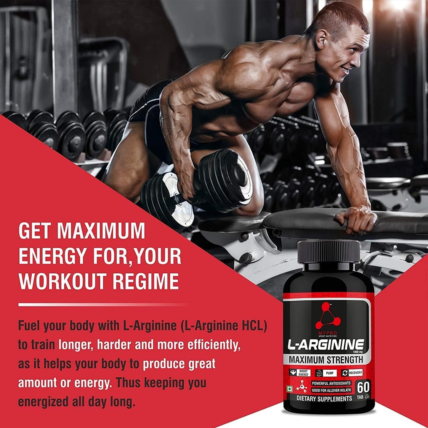 Sport Nutrition L-Arginine 1000mg Supplement for Muscle Growth, Stamina, Immune Booster & Energy, 60 Tablets