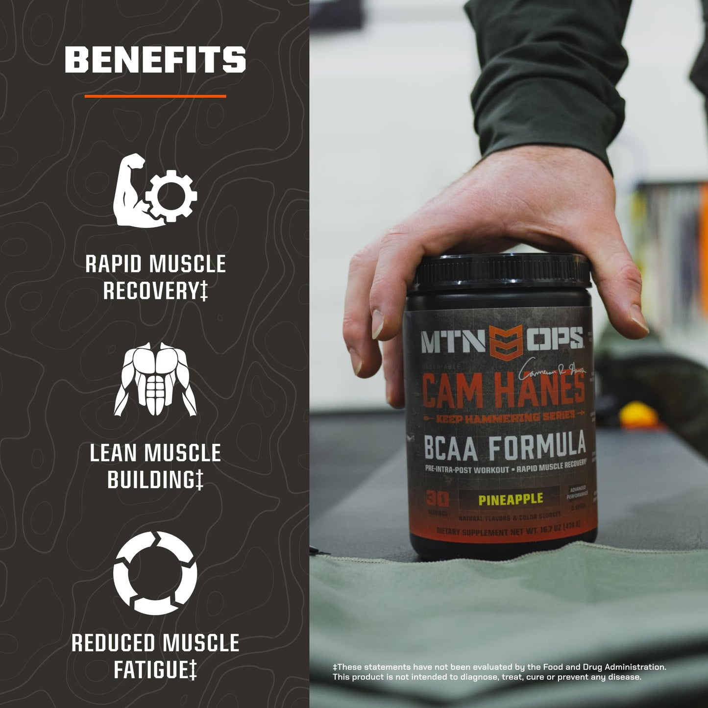MTN OPS BCAA Powder, 2:1:1 Amino Acids Supplement Powder for Rapid Muscle Recovery & Repair with Zero Sugar & Gluten Free - 30-Serving Tub Tropical Punch Flavor, Cameron Hanes Keep Hammering Series
