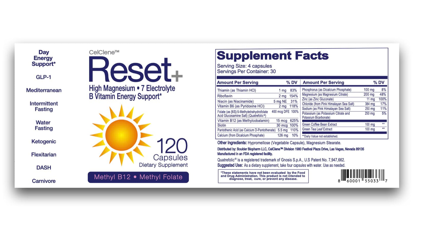 Reset+ 7 Energy Electrolytes, Methyl B12, Methyl Folate, Pink Salt, Magnesium, Super B Complex, Green Tea & Green Coffee Extracts, Biotin, Zinc, 72 Trace Minerals