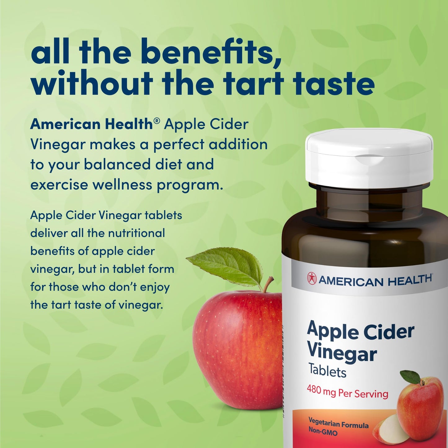 American Health Apple Cider Vinegar - 200 Tablets - 480 mg Per Serving - Non-GMO, Vegetarian, Gluten Free - 100 Servings