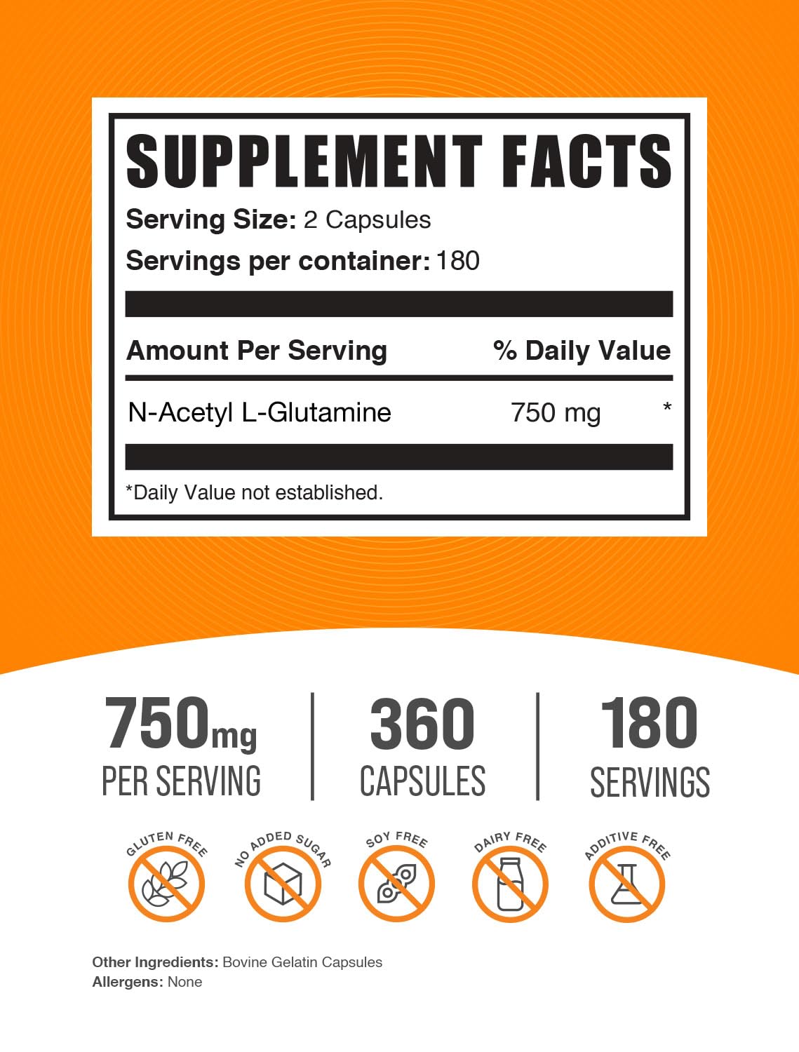 BulkSupplements.com N-Acetyl L-Glutamine Capsules - Glutamine Supplement, Glutamine 750mg - for Gut Health, Gluten Free, 2 Capsules per Serving, 360 Capsules (Pack of 1)