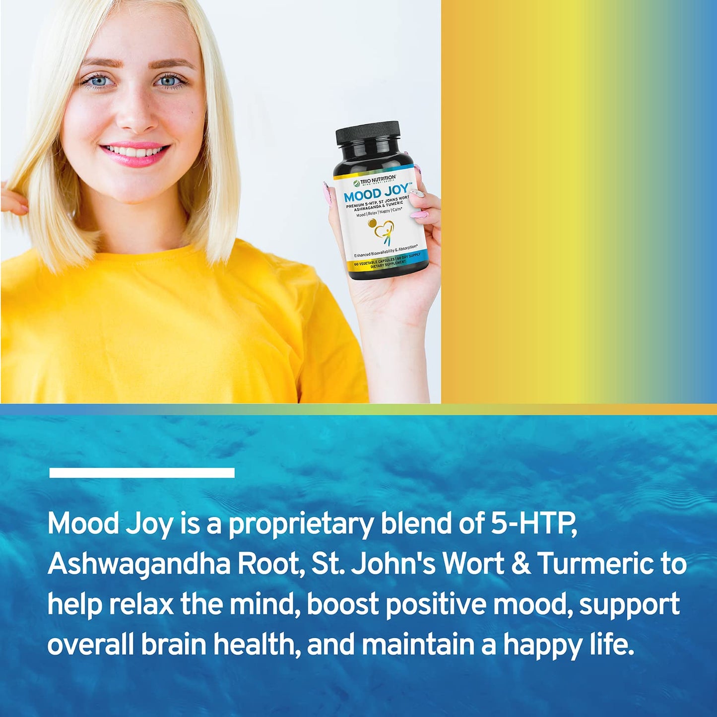 Trio Mood Joy | Premium 5-HTP, St Johns Wort, Ashwagandha & Turmeric | Ashwagandha Capsules to Promote Natural Calm & Relaxed Mood | Mood Support Supplement | 60 Day Supply*
