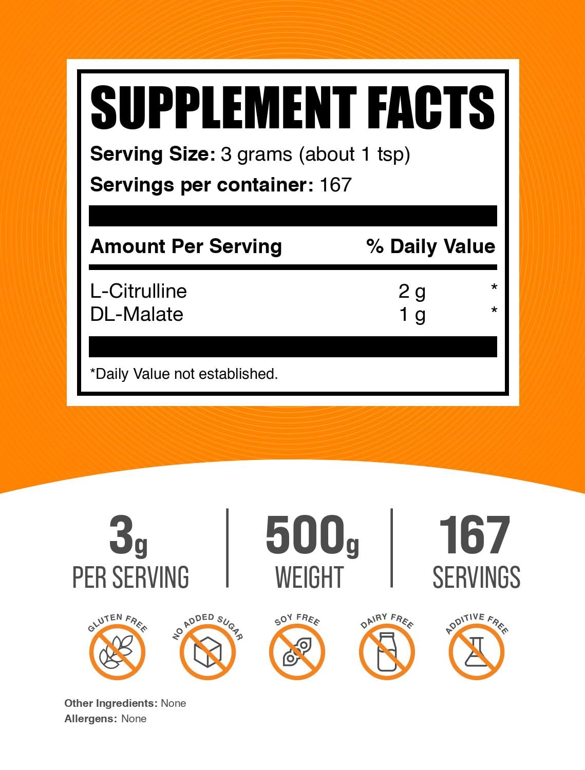 BulkSupplements.com L-Citrulline Malate 2:1 Powder - Nitric Oxide Boost, Citrulline Malate Supplement - Unflavored & Gluten Free - 3g per Servings, 500g (1.1 lbs) (Pack of 1)