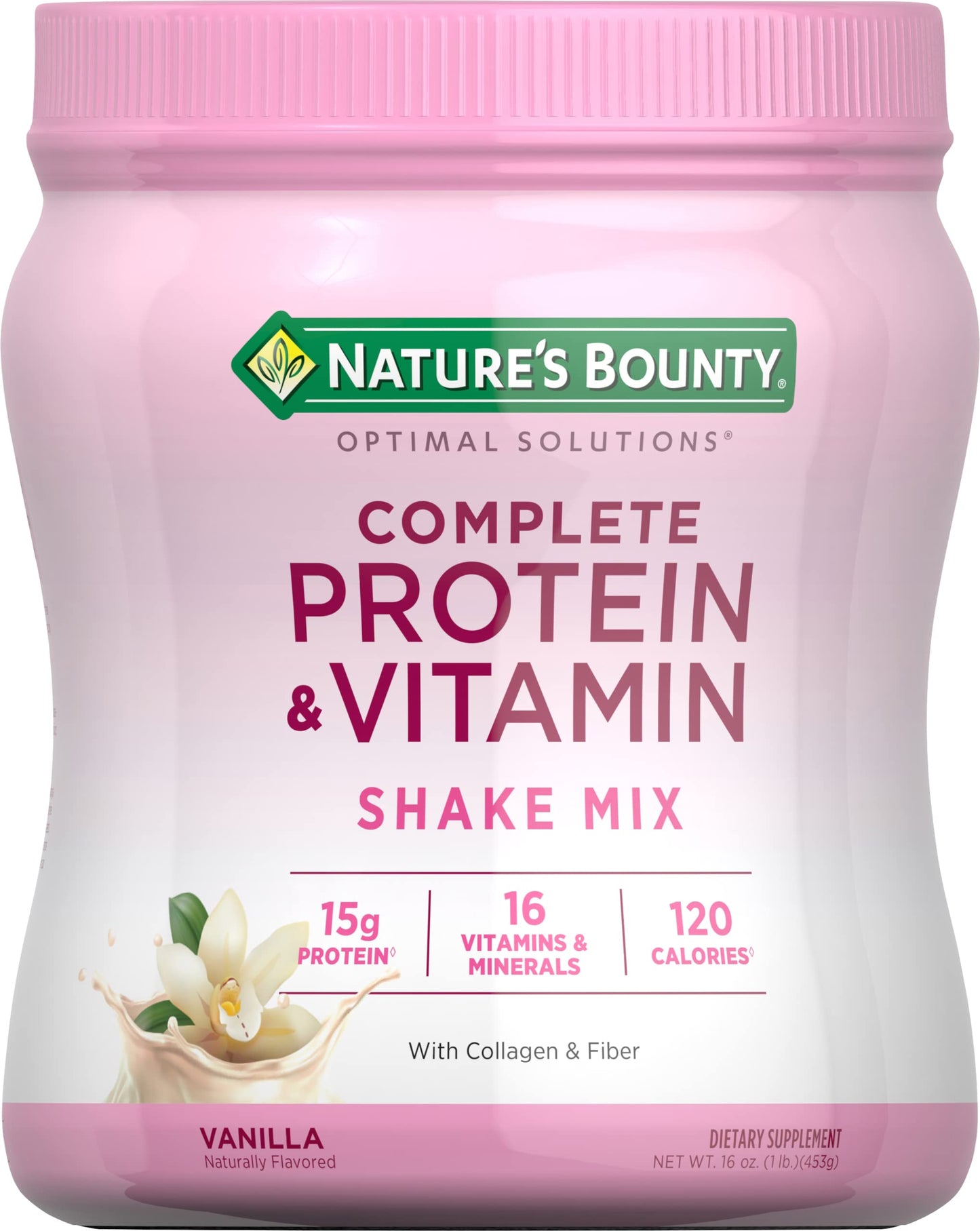 Nature’s Bounty Complete Protein & Vitamin Shake Mix with Collagen & Fiber, Contains Vitamin C for Immune Health, Vanilla Flavored ,1 lb. 13 Servings