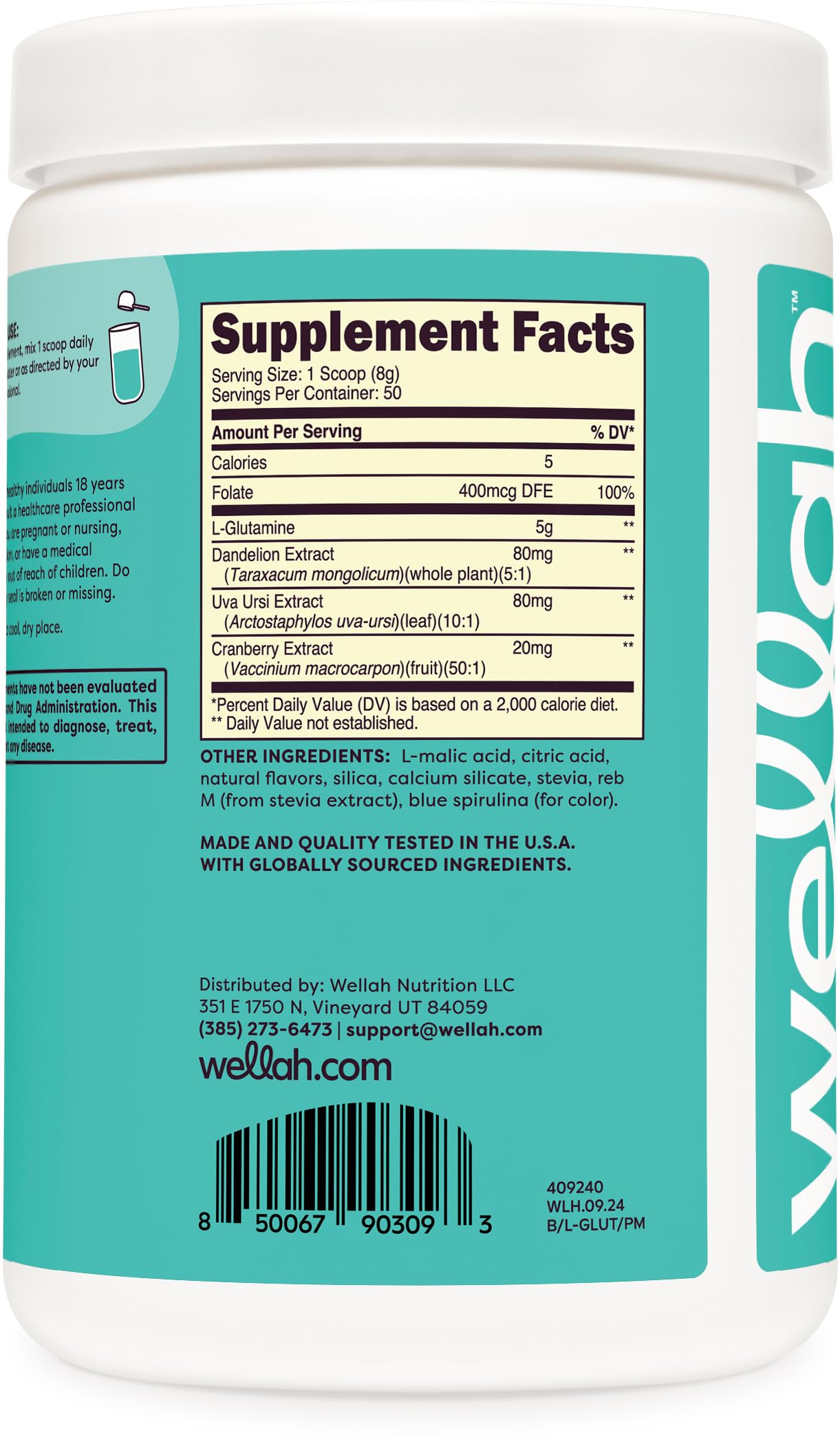 Wellah L-Glutamine Powder Blue Hawaii (50 Servings) - 5g L-Glutamine Per Serving, Sweetened with Stevia