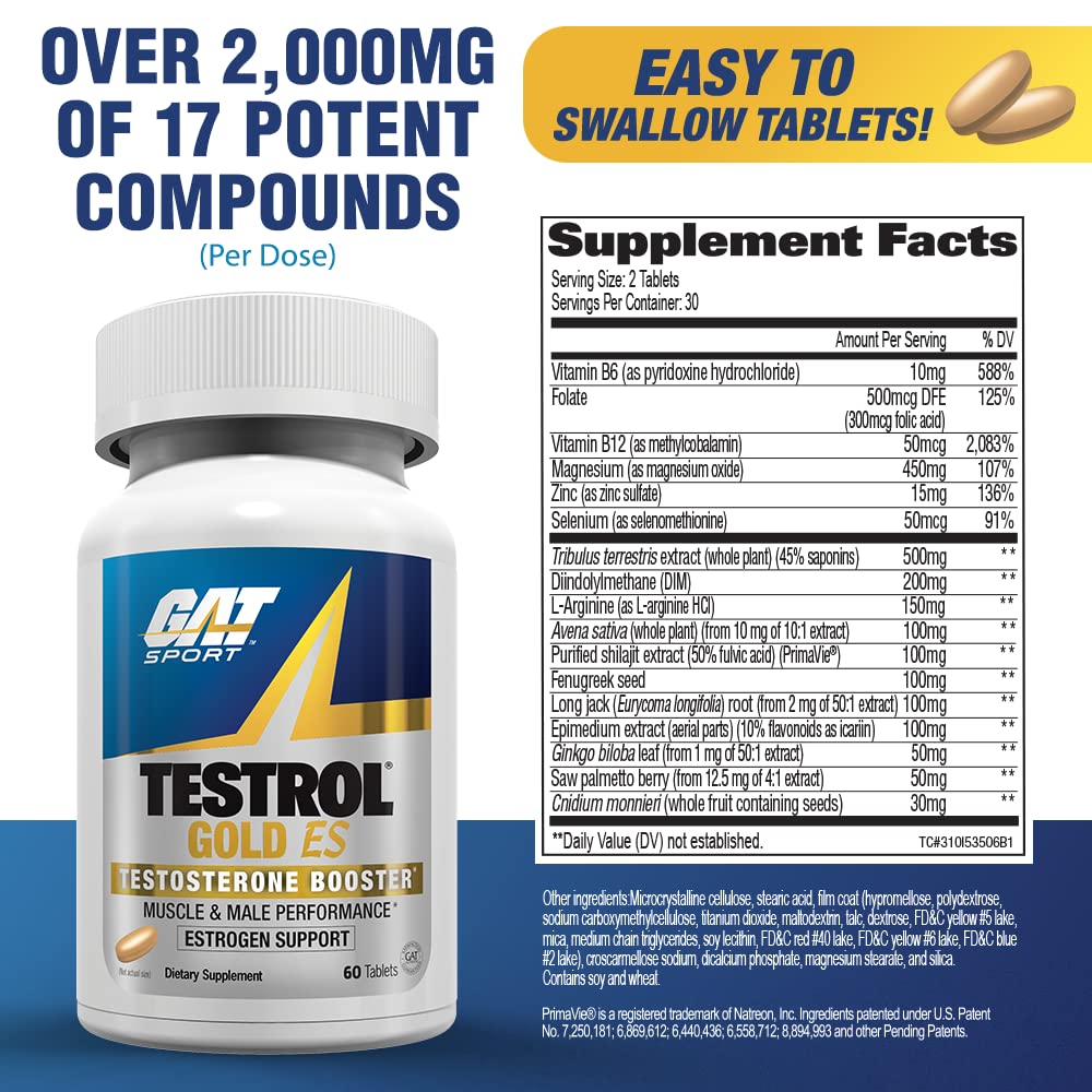 GAT SPORT Testrol Gold ES, Tribulus, DIM, Zinc, Longjack, Fenugreek, Saw Palmetto, Estrogen Balance, 60 Tablets