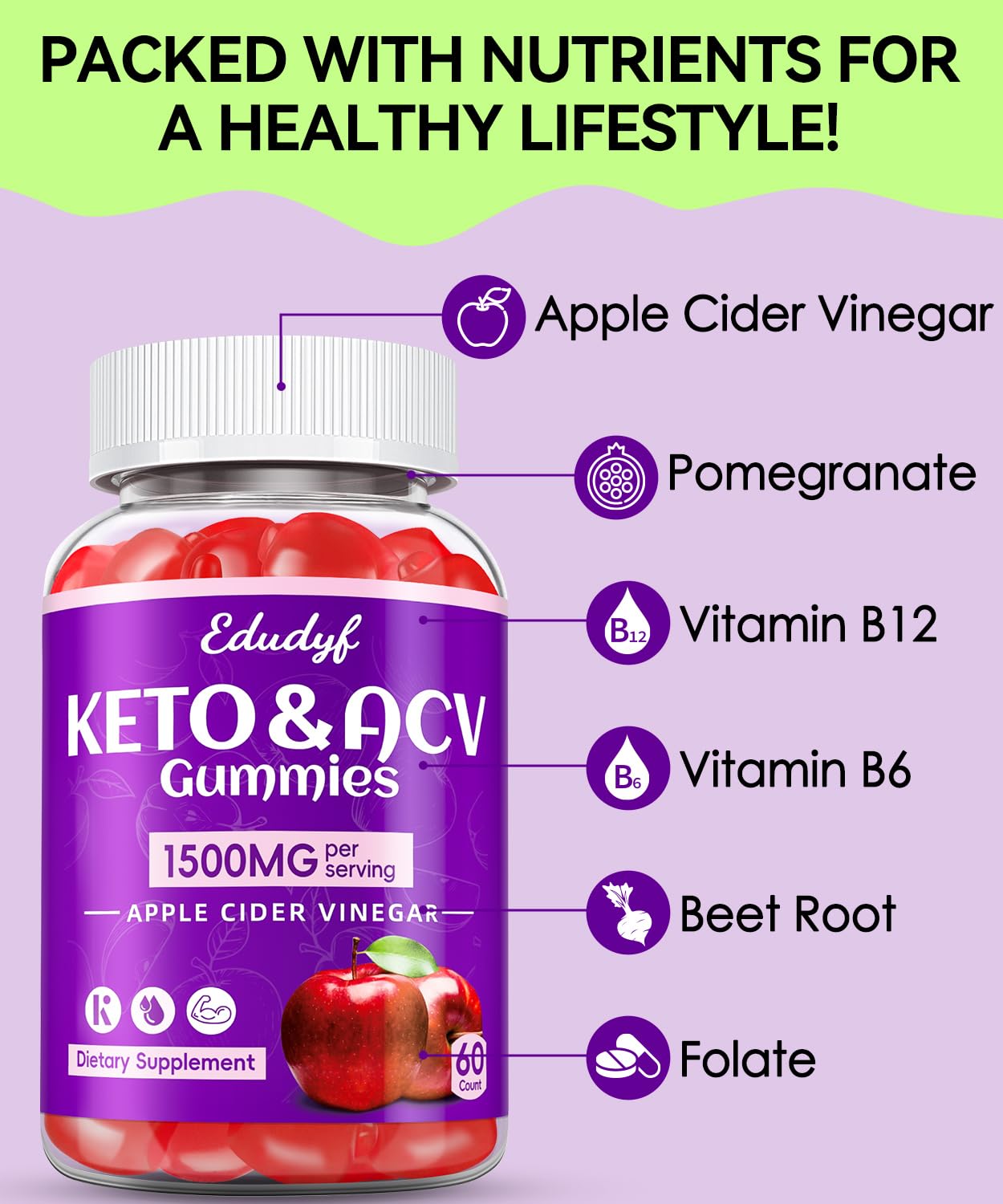 Keto ACV Gummies with B12 B6 - 1500 mg Apple Cider Vinegar Supplement with Pomegranate and Beet Juice, Vegan & Gluten-Free, 480 Gummies for Men & Women