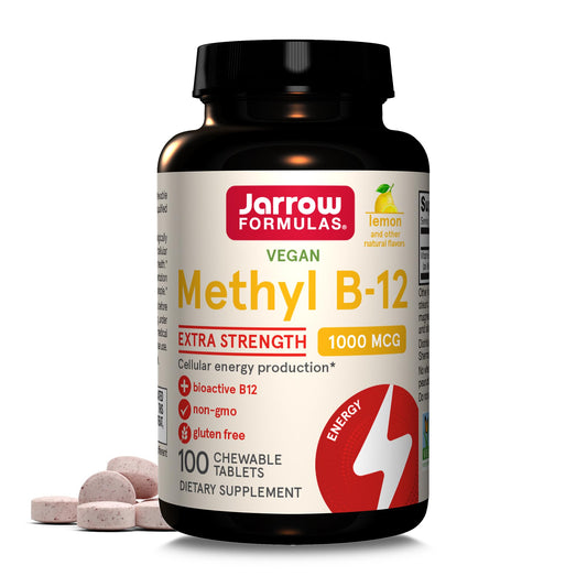 Jarrow Formulas Extra Strength Methyl B-12, Dietary Supplement for Cellular Energy Production, 100 Lemon-Flavored Chewable Tablets, Up to a 100 Day Supply