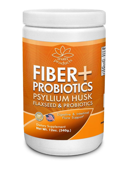 Main Products Fiber + Probiotics 12 Oz (340g) Psyllium Husk Flaxseed, Digestive and Intestinal Flora Support.