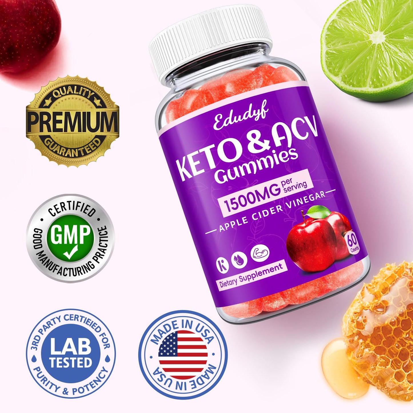 EDUDYF Keto ACV Gummies - 1500mg Apple Cider Vinegar Gummies with Probiotics, B12 and Keto Support, Detox & Cleanse, GMO Free & Vegan - 60 Count...