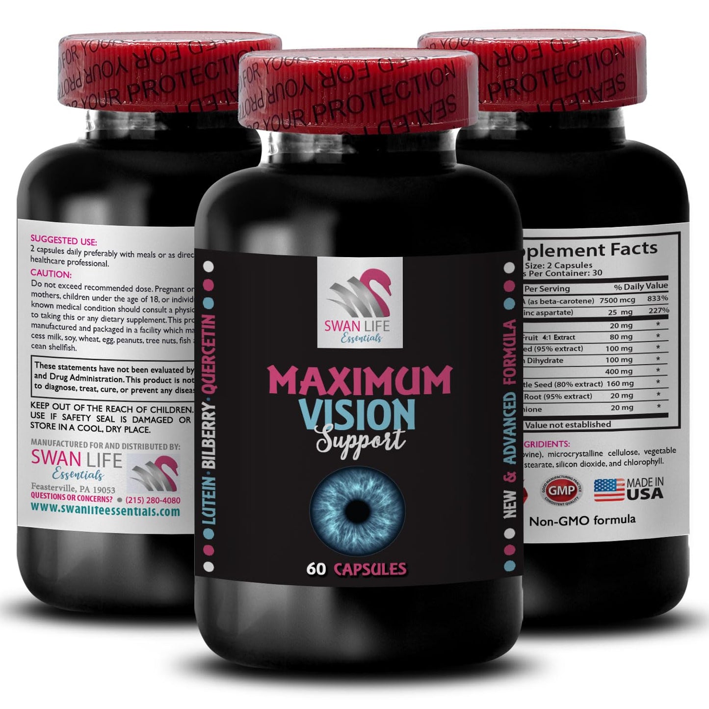 Sharp focus - EYE VISION SUPPLEMENT - Clear image, Eye support, Vision precision, Focus advantage, Bright details, Clearer scenes, Pure view, Lens support, Daily vision 2 Bottle 120 Capsules