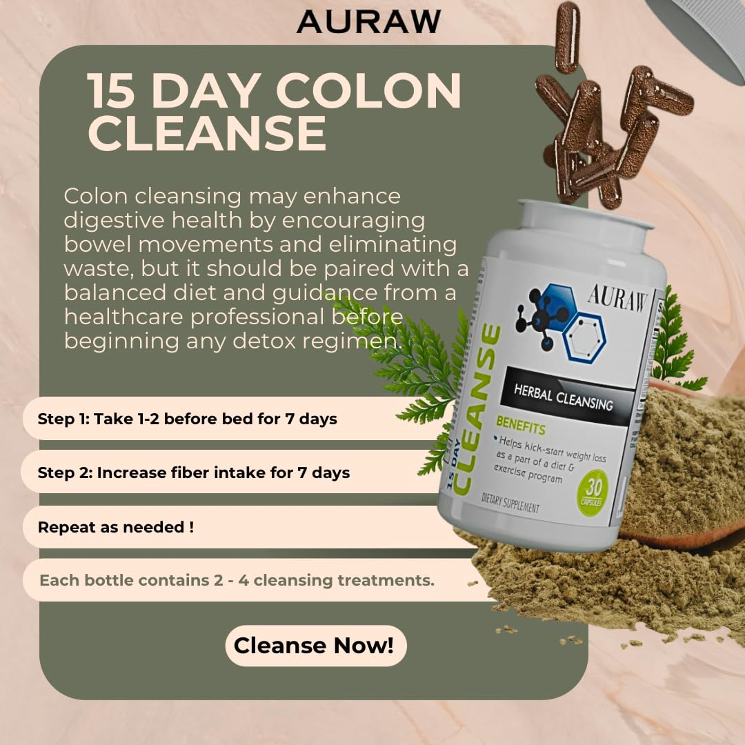 AURAW 15 Day Colon Cleanse, Gut and Colon Support, All Natural Ingredients with Senna Leaf, cascara Sagrada, psyllium Husk, and probiotics, for Constipation, Bloating, and Bowel Movement, 30 Pills