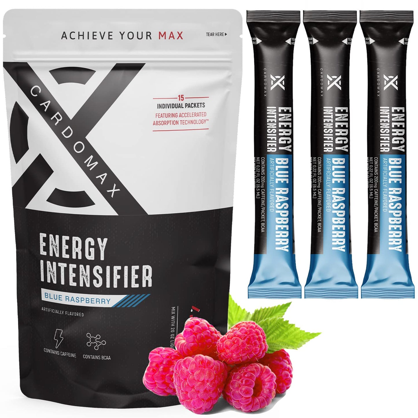 CardoMax Energy Intensifier - Liquid Energy Boosting Water Flavoring with 200mg Caffeine, BCAA, Vitamin B12, B6, B3, Keto-Friendly, Vegan, Sugar-Free, No Calories (Blue Raspberry Flavor)