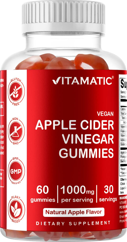 Vitamatic Apple Cider Vinegar Gummies - 1000mg per Serving - 60 Vegan Gummies - ACV Gummies for Detox, Weight Loss Support, Energy Boost, Digestion & Gut Health