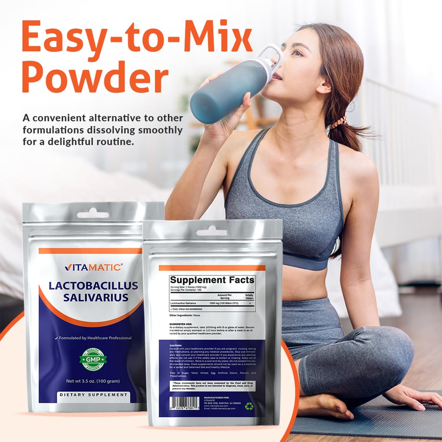 Vitamatic Lactobacillus Salivarius Probiotic Powder - Digestive Support - 100 Gram (3.5 OZ) - 100 Servings