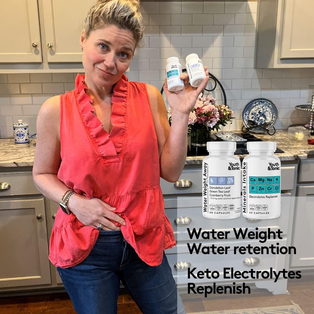 Water Weight Pills for Thin Waistline Belly Bloating Swelling & Temporary Water Retention + Electrolytes Replenish as Natural Diuretic Supplement for Woman & Men - 120 Capsules by Youth & Tonic