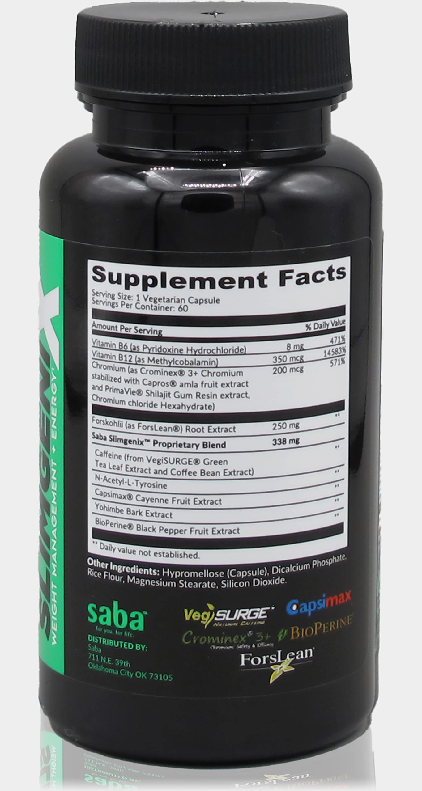 Saba SlimGenix -Energy, Weight Management, Appetite Control, Focus, Fat Burner with Branded, Patented & Clinical Proven Ingredients-60 Capsules